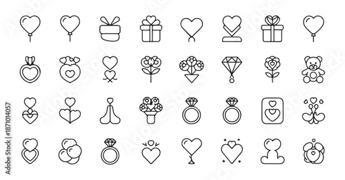 Collection of love and romance outline icons featuring hearts, gifts, flowers, diamonds and teddy bears