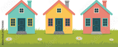 Colorful cartoon houses with green grass and flowers in front, charming cute home illustration, suburban neighborhood, spring garden scene flat vector illustration