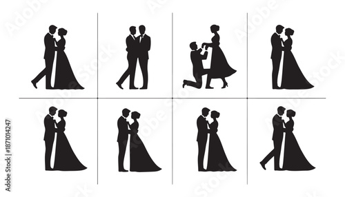 Wedding couple silhouettes showing romantic moments on wedding day illustration