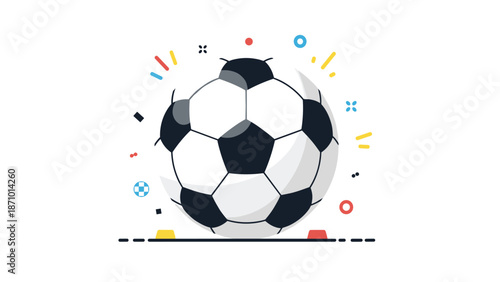 Dynamic black and white soccer ball surrounded by colorful confetti and celebratory accents, symbolizing a goal or victory.