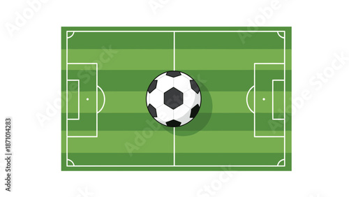 Overhead view of a perfectly marked green soccer field with a classic black and white football positioned directly at the center.