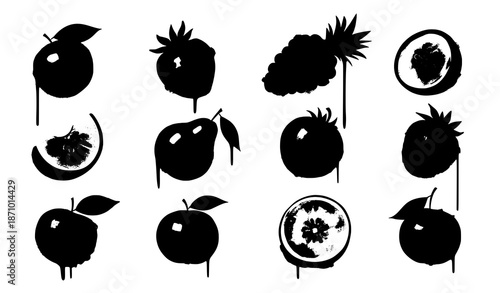 Artistic watercolor fresh fruit vector set with sliced and whole fruits