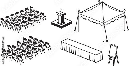 An isometric perspective of event arrangement components. Chairs, a podium, canopy, table, and easel, ready for a presentation or ceremony.