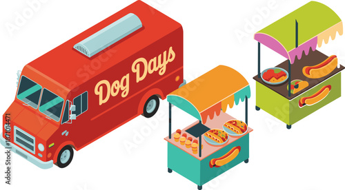 Vibrant Red Food Truck and Hot Dog Stands Illustration – Street Food, Mobile Catering, Outdoor Dining, Urban Market Concept, High-Resolution Vector flat vector illustration
