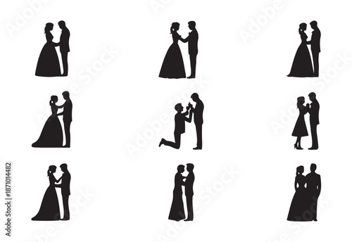 Silhouettes of wedding couples in romantic poses symbolizing love union commitment marriage proposal engagement ceremony