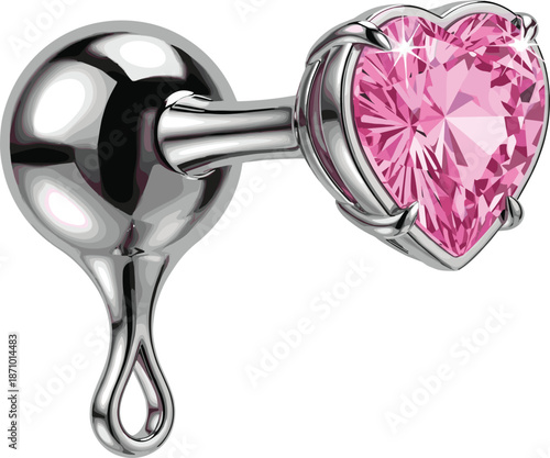 Heart shaped crystal butt plug illustration, luxury adult accessory jewelry design, metallic erotic product, isolated white background