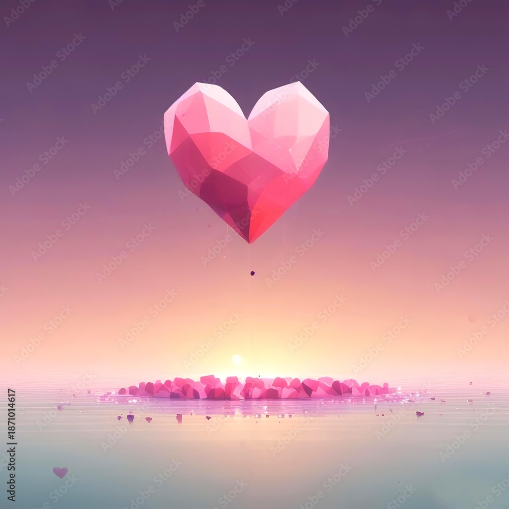 Fototapeta premium Minimal surreal greeting background, floating geometric hearts