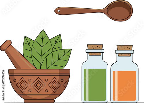 Herbal medicine preparation illustration, mortar pestle with leaves and bottles, natural remedy concept, isolated white background