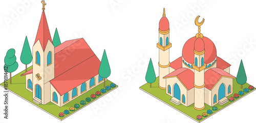 Isometric vector illustration of church and mosque buildings with trees and flowers, detailed colorful architecture, religious landmarks design flat vector illustration