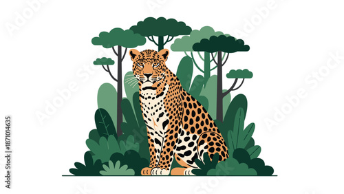 Majestic leopard sitting gracefully amidst dense, lush green jungle foliage and tall trees, depicting wildlife in its natural habitat.