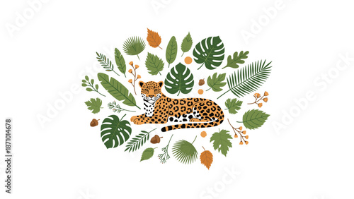 Graceful leopard resting peacefully, surrounded by a beautiful circular arrangement of diverse tropical leaves in lush green.