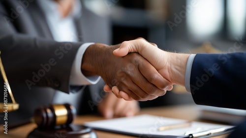 Faceless professional lawyer handshake in business meeting with scales of justice and gavel on desk, symbolizing legal agreement and partnership, attorneys discussing contract agreement,