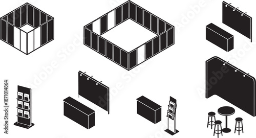 An illustrative array of trade show booth layouts and exhibit stands, highlighting diverse design options. 