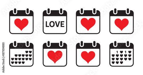 Collection of calendar icons with hearts and love symbols isolated on white background for design
