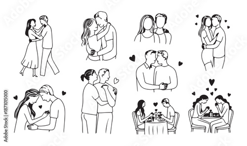 Love and dating outline set vector illustration couples line art hugging kissing dining and dancing together