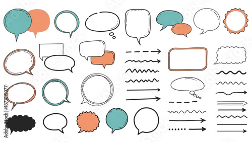 Assorted graphic elements including speech bubbles and arrows on a white background