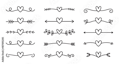 Decorative hand drawn heart dividers and flourish borders for wedding invitations and romantic card ornaments