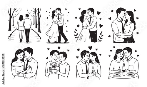 Romantic couple interactions line art of kisses hugs and dates with hearts