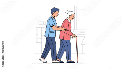 Caregiver assisting elderly person walking with cane in hospital corridor