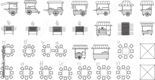 A collection of street food cart illustration featuring with different designs and detailed architectural elements. Representing the diversity of urban food culture and catering business.