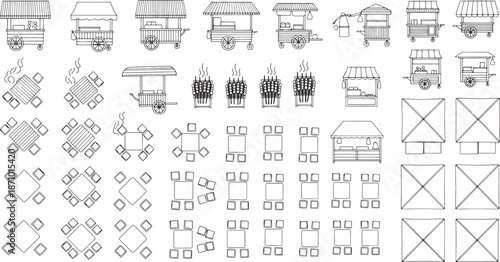 An array of detailed line art illustrations depicting various food cart designs, market stalls, seating arrangements, and cooking setups, capturing a complete market scene.