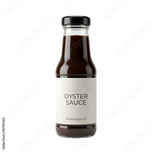 Clear Glass Bottle of Premium Quality Oyster Sauce with a White Label and Black Cap, Elegantly Isolated on a Clean Black Background