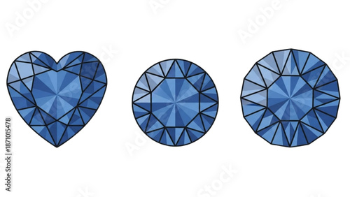 Three blue gemstones in various shapes displayed against a white background