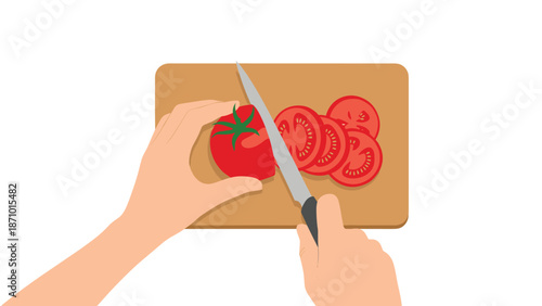 Hands skillfully slicing a fresh red tomato on a rustic wooden cutting board with a sharp knife, demonstrating food preparation.