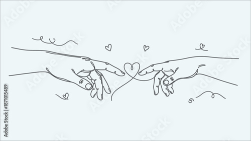 Interconnected hands forming a heart with fingers and floating hearts around on a white background in a simple line drawing style with love and connection