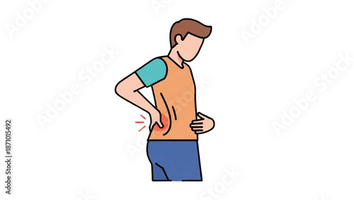 Man experiencing back pain while standing and holding lower back area with one hand