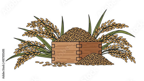 A wooden crate overflowing with golden rice grains surrounded by lush green rice plants