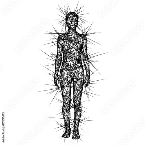 Canvas Print A nude female figure made of tangled lines and wires with spikes radiating from