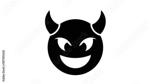 A black and white illustration of a smiling devil face with horns on a white background for design and creative projects with graphic and icon
