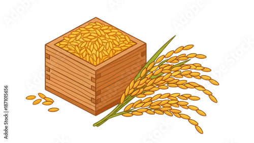 A wooden crate overflowing with golden rice grains and a sprig of rice beside it on a white background
