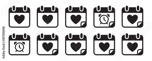 Heart marked calendar icon set reminder schedule event management planning solid style vector pictograms