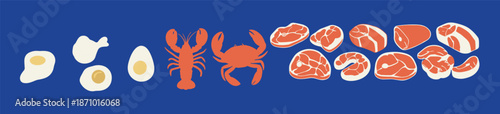 Eggs, lobster, crab, red meat, protein food, seafood, steak, nutrition, diet, healthy eating, animal source, flat vector illustration