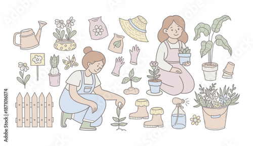 Gardening Women and Tools Set. Girl Planting Flowers, Indoor Plant, Flowerpots with Garden Equipment. Isolated Hand Drawn Pastel Color. Vector Illustration Not AI