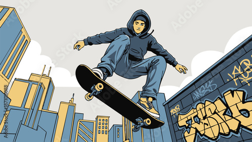 young man snowboarding in winter action