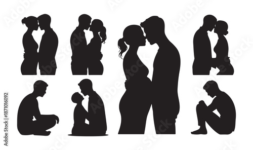 Silhouettes of couples in love various romantic poses hugging kissing tenderly isolated black icons set against white background