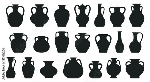 Elegant collection of classic pottery silhouettes, including traditional ceramic vases, amphorae, and urns in historical and decorative forms for artistic design projects