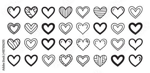 Set of 36 doodle heart icons with various line weights and fills in black outline on a white background