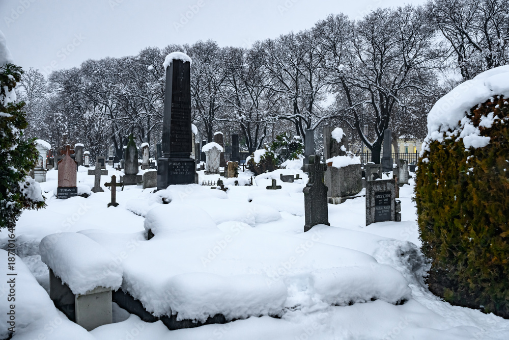 Fototapeta premium Novi Sad, Serbia - January 05, 2026: Catholic Cemetery covered with heavy snow