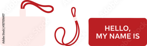 Name badge, red lanyard, hello tag, ID tools, networking icon, office accessory, conference intro, flat design - flat vector illustration