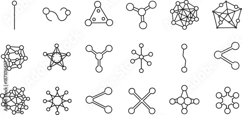 Network diagram grid, molecular structure icons, graph theory nodes, connectivity patterns, abstract science concept, black vector set, flat vector illustration