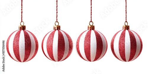Four red and white striped christmas ornaments hanging on strings, r-isolated on a clear background. high resolution photography, hyperealistic, and detailed.