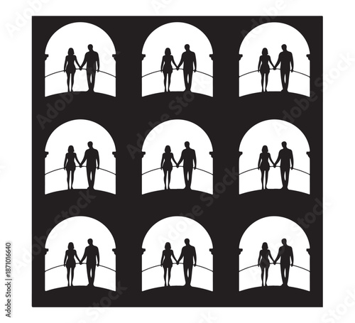 Nine couple walking silhouettes inside arches showing eternal journey and partnership vector elements