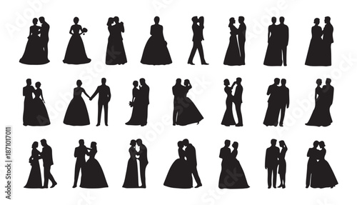 Wedding couple silhouettes bride groom dancing embracing holding hands in various poses