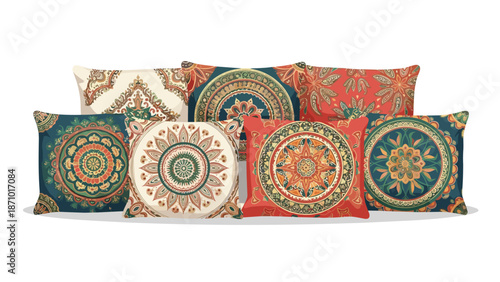Diverse collection of throw pillows adorned with intricate mandala and medallion patterns in vibrant red, blue, green, and cream.
