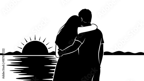 Couple embracing at serene lake during Valentine's Day sunset