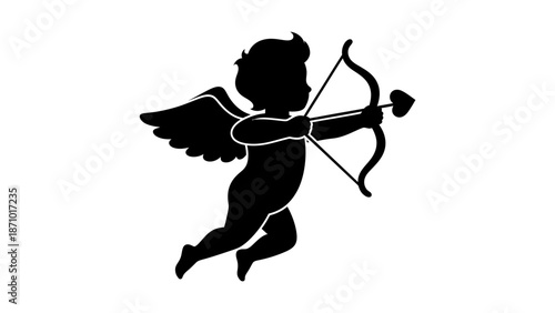 Cupid shoots heart arrow in air with bow and winged silhouette